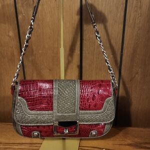 Elegant Red and Gray M. C. Women's Shoulder Bag With Silver Chain Straps